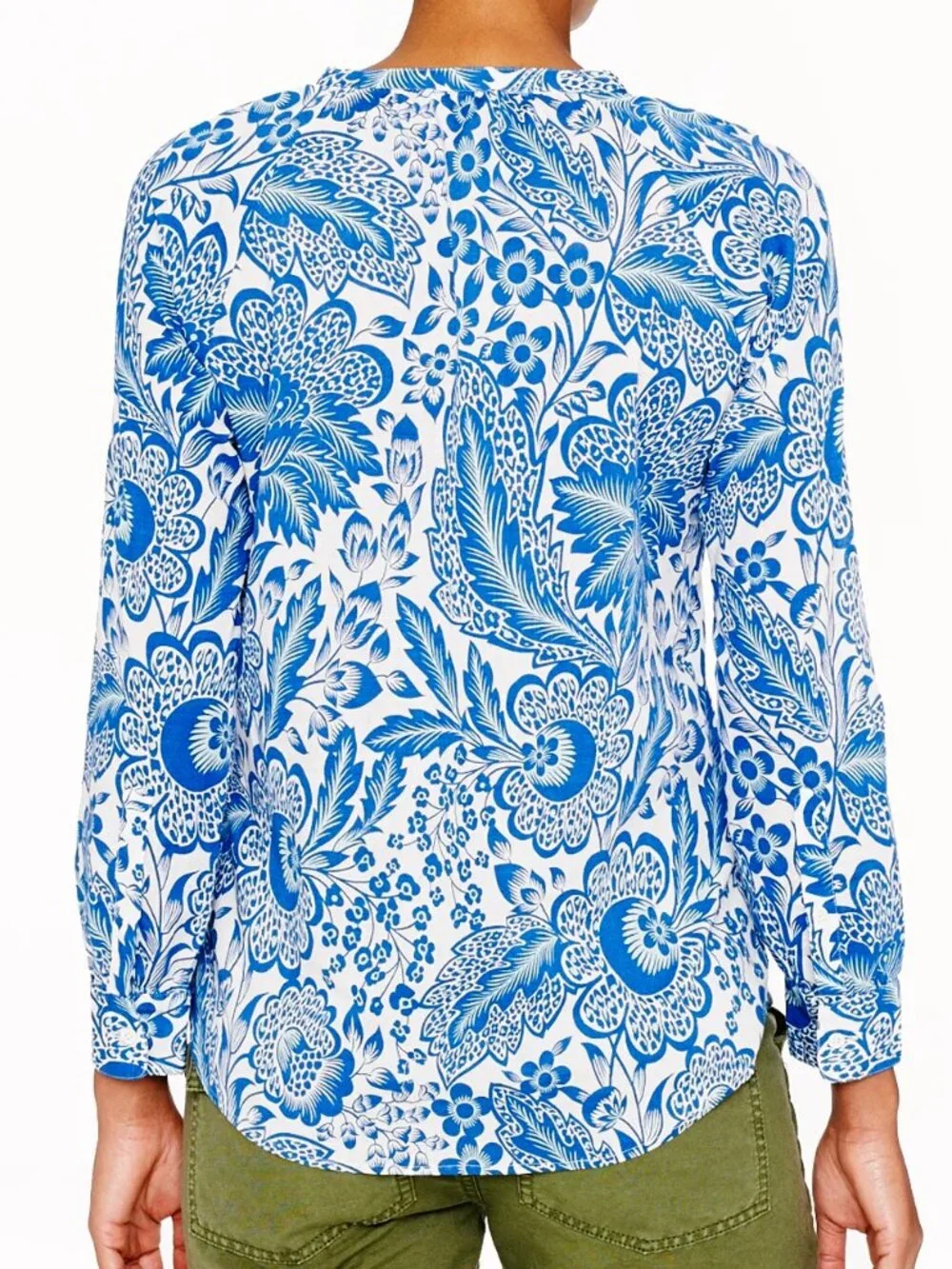 J. Crew Raglan Popover Shirt in blue & white floral paisley print cotton